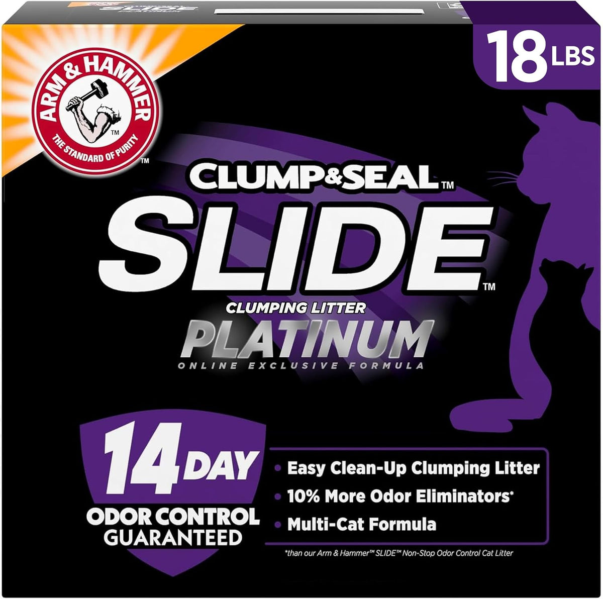 ARM & HAMMER Clump & Seal Slide Platinum clumping cat litter, 18 lb black and purple box