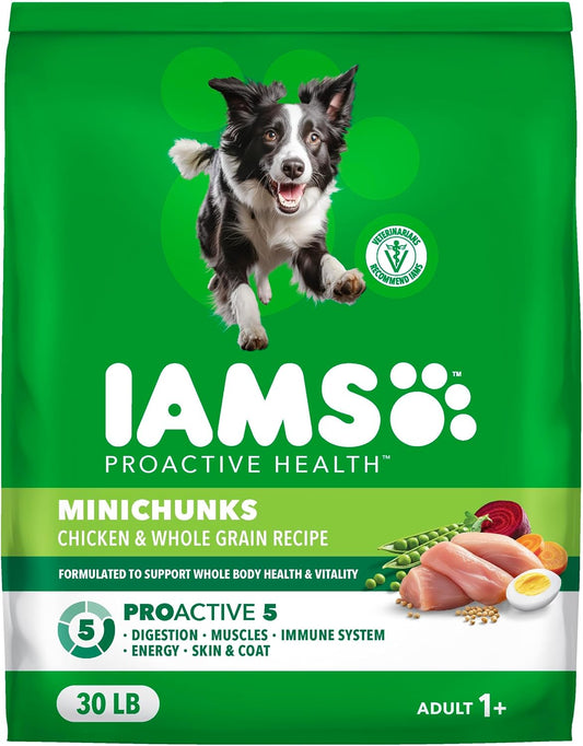 IAMS Proactive Health Minichunks chicken and whole grain adult dry dog food, 30 lb green bag featuring a border collie