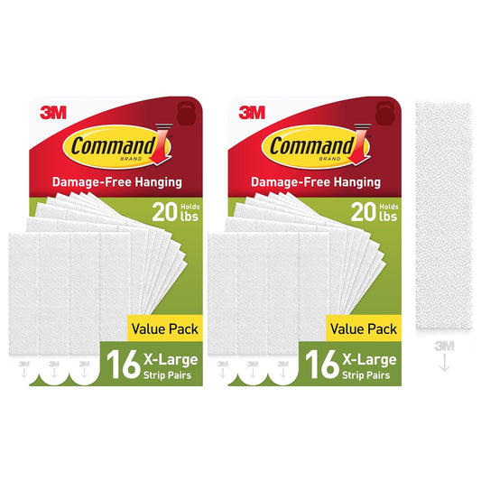 Command XL picture hanging strips in two 16-pair value packs with white strips and 20 lb capacity labels
