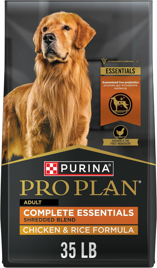 Purina Pro Plan Complete Essentials Chicken & Rice dry dog food, 35 lb black bag featuring a golden retriever
