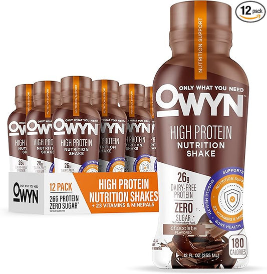 OWYN High Protein Nutrition Shake packaging with multiple bottles and a box on a white background