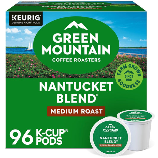 Green Mountain Nantucket Blend medium roast coffee, green 96-count K-Cup box with coastal artwork and two pods