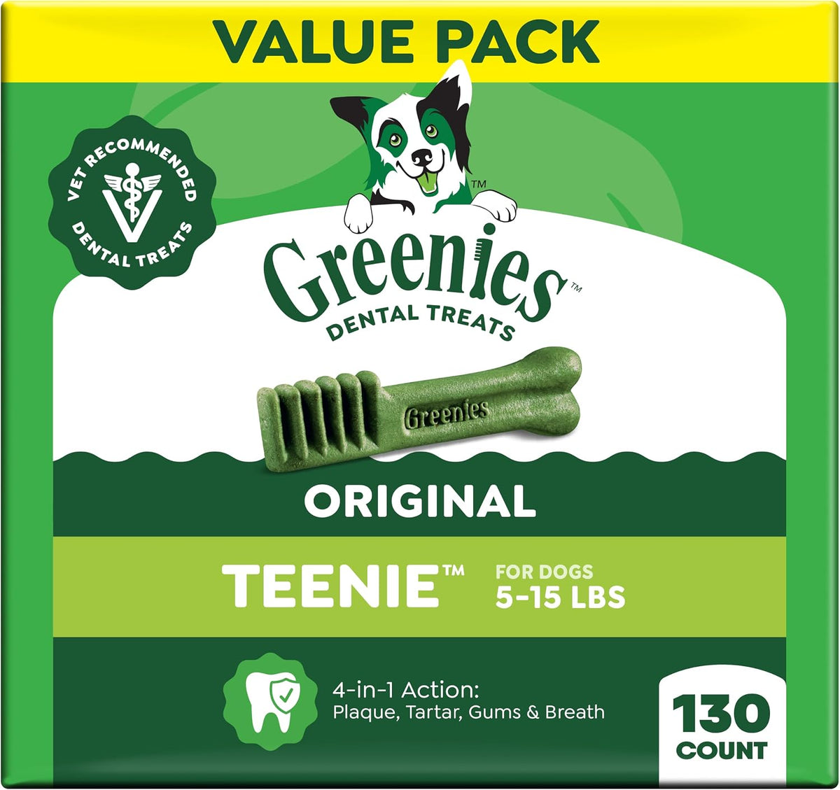 Greenies Original Teenie dental dog treats, 130-count green value pack for dogs 5–15 lb, with toothbrush-shaped chew