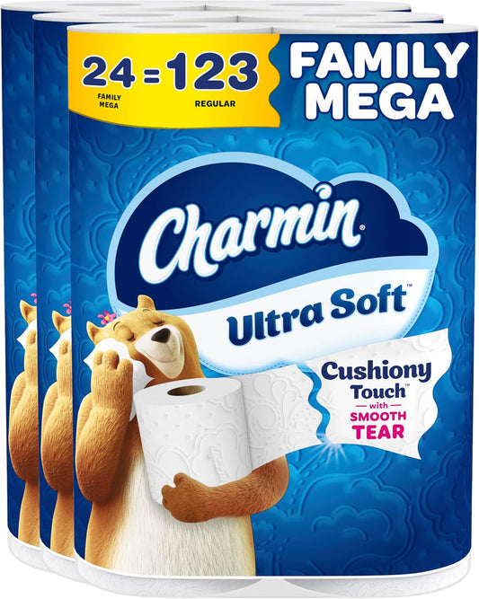Charmin Ultra Soft Cushiony Touch toilet paper, white, 24 Family Mega Rolls