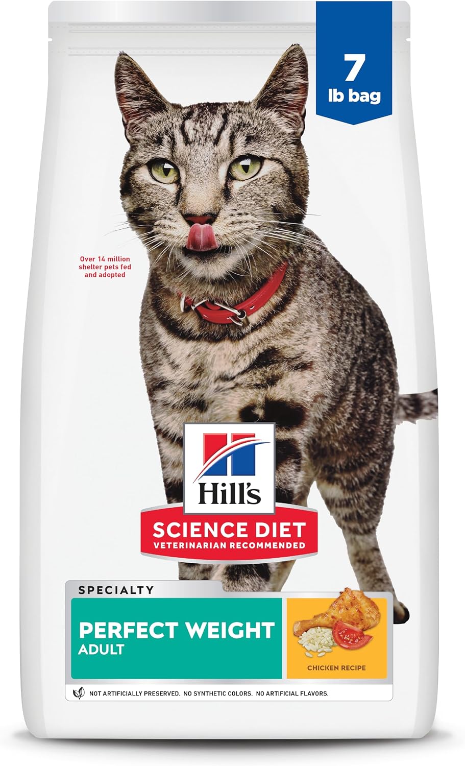 Hill's Science Diet Adult Perfect Weight Chicken Recipe cat food, 7 lb white bag featuring a tabby cat