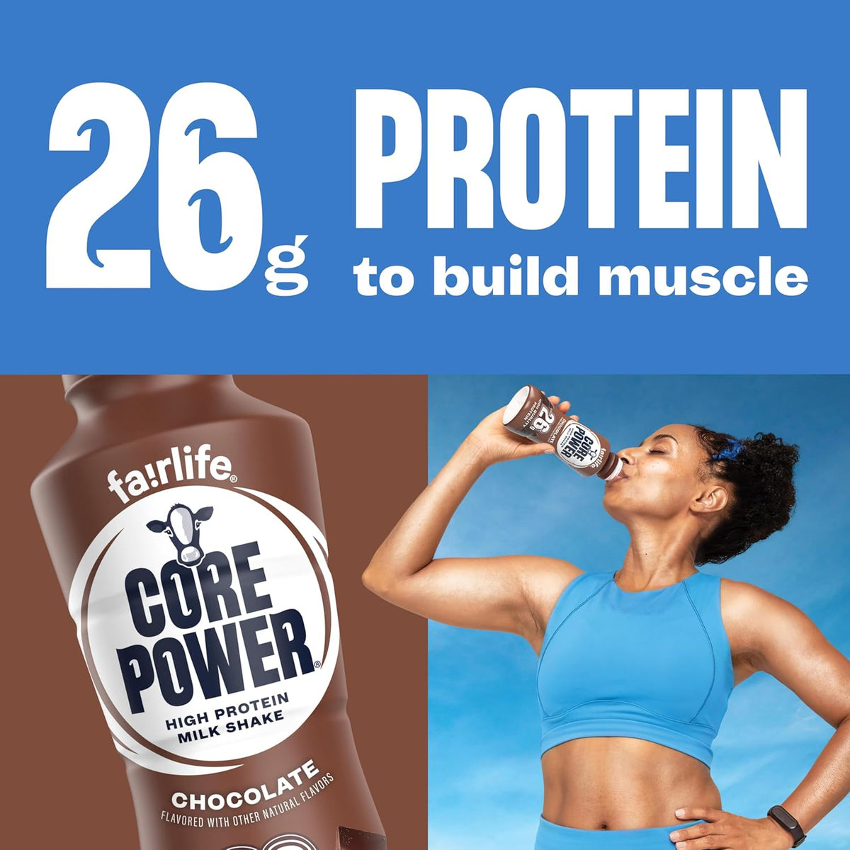 Fairlife Core Power chocolate protein shake bottle with a woman drinking it against a blue background.