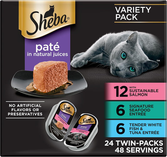 Sheba Perfect Portions seafood pâté variety pack, 24 twin packs in a black and gold box featuring a gray cat
