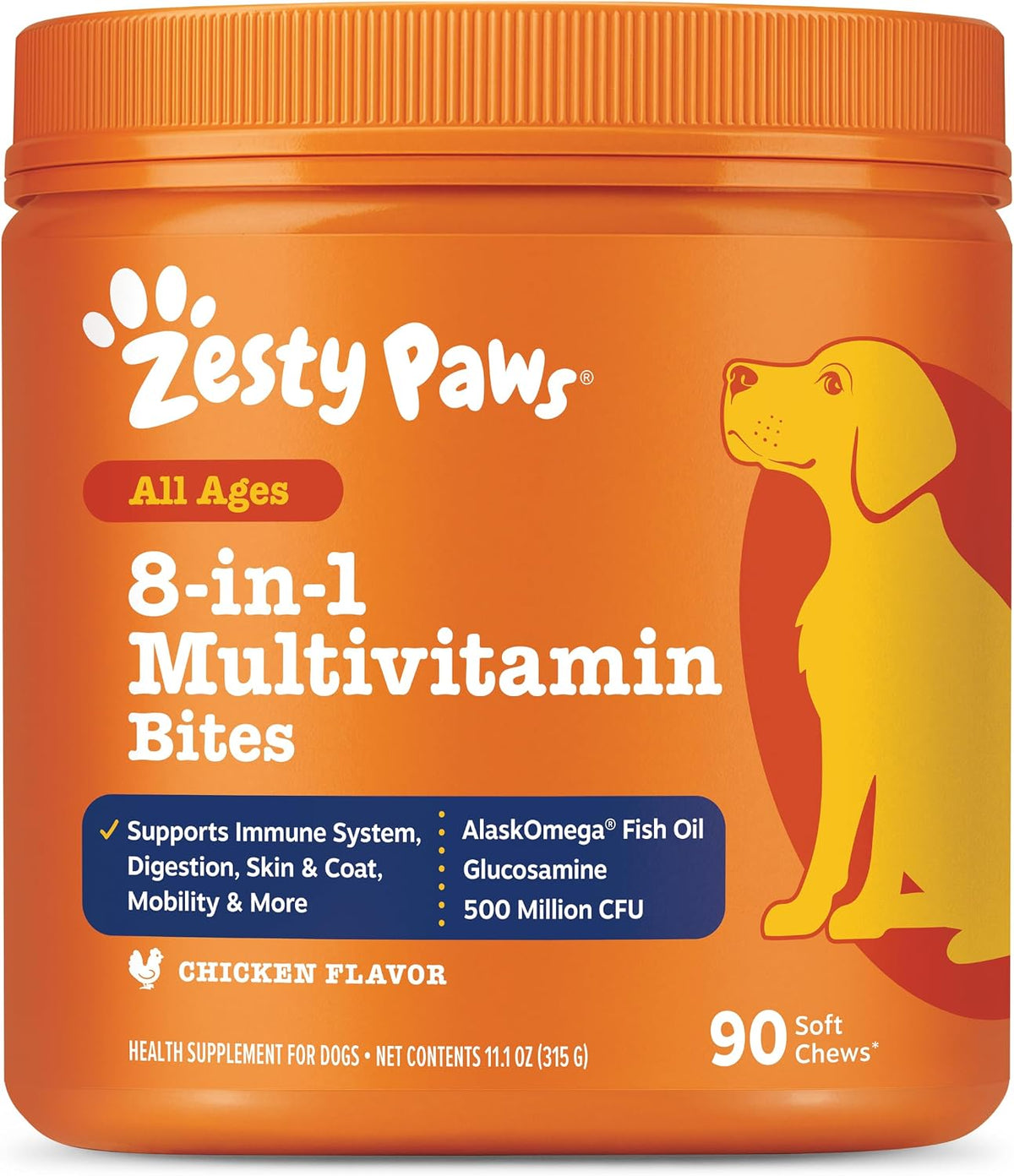 Zesty Paws 8-in-1 Multivitamin Bites, chicken flavor, 90 soft chews in an orange tub with a yellow dog illustration