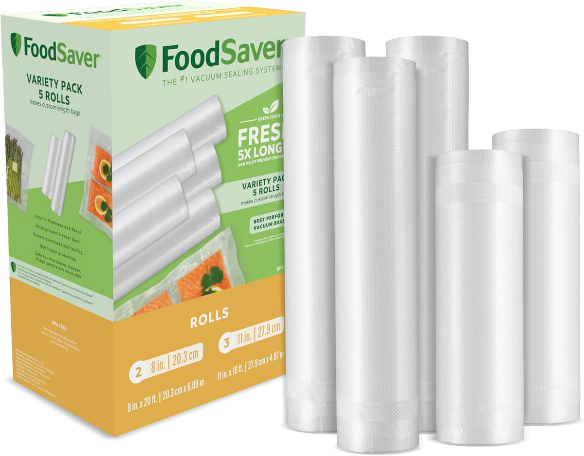 FoodSaver vacuum sealing system packaging with rolls on a white background