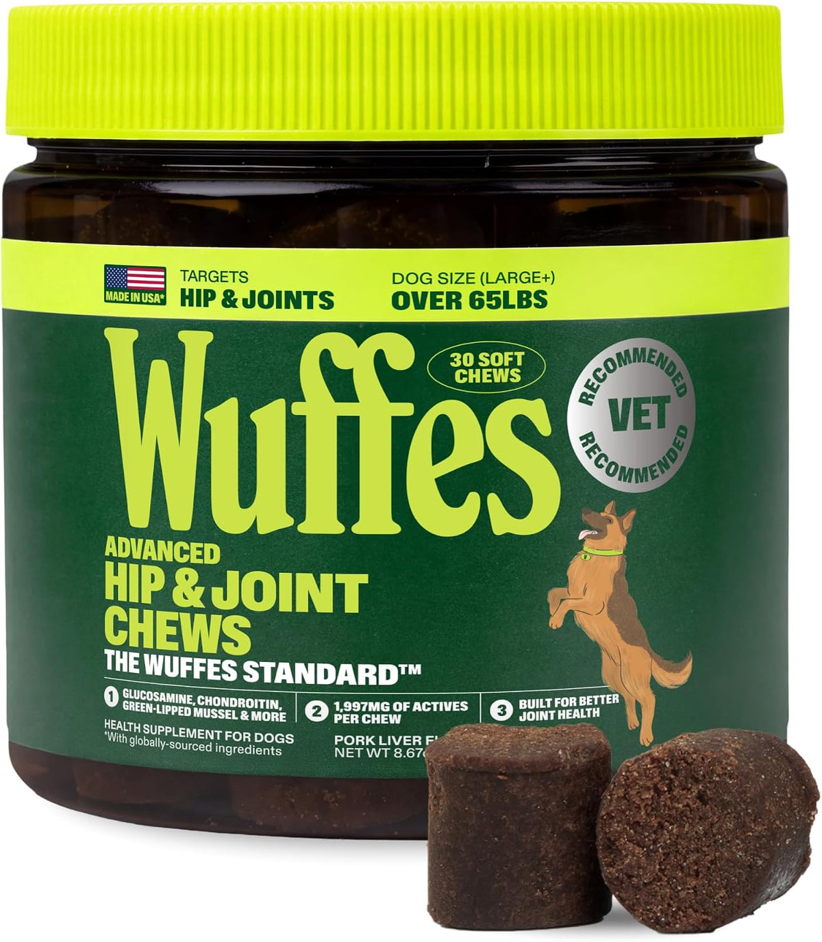 Wuffes Advanced Hip & Joint Chews for dogs over 65 lb, 30-count jar with a lime lid and two pork liver chews in front