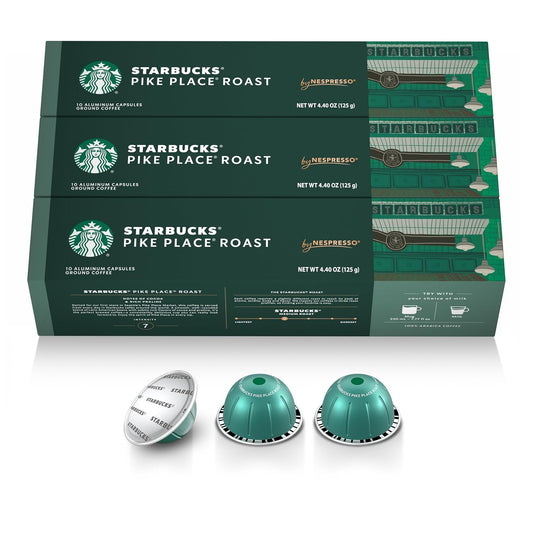 “Three green boxes of Starbucks Pike Place Roast Nespresso Vertuo coffee, 30 capsules total, with three pods in front.”
