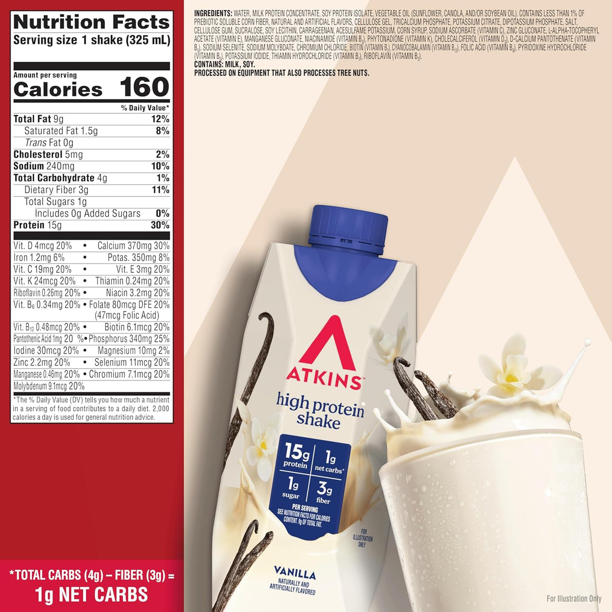 A bag of Atkins high protein shake vanilla flavor shown with a Nutrition Facts panel on the left and vanilla beans and a scoop of powder, all on a beige background.
