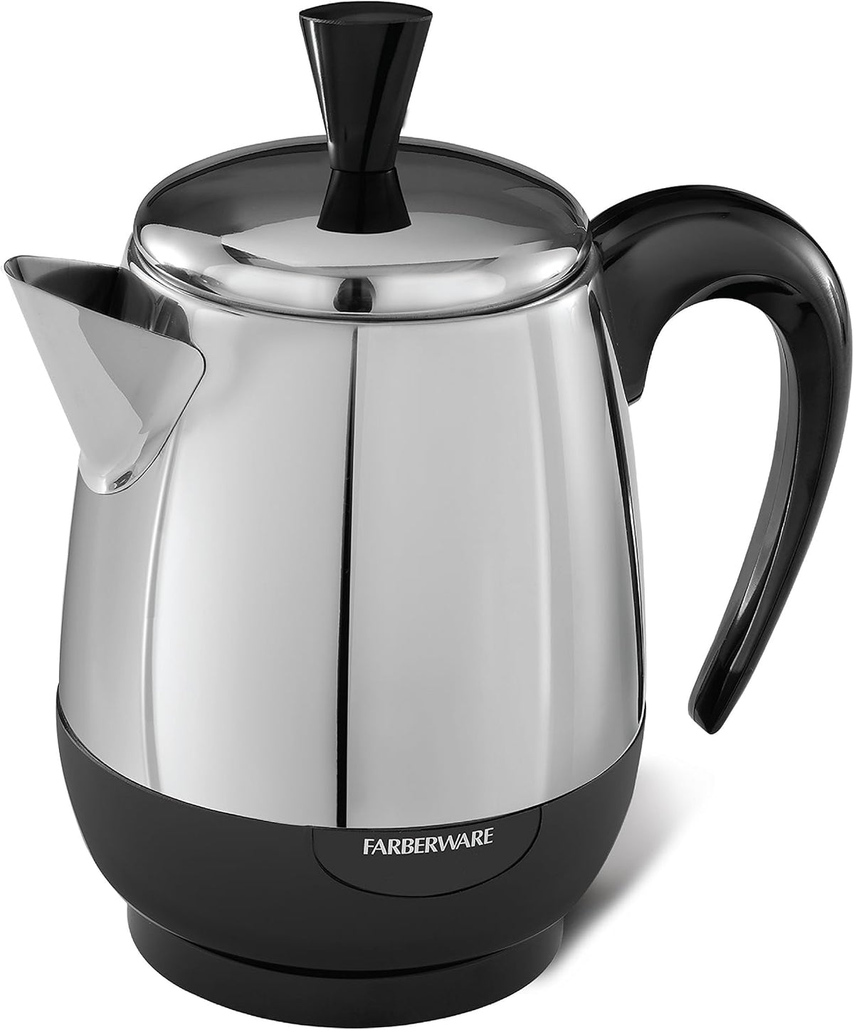 Stainless steel percolator with black handle and base on a white background, featuring the Farberware brand.