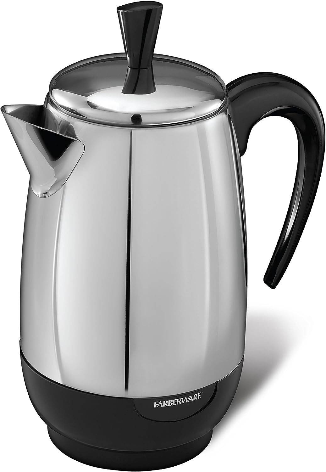 Stainless steel coffee percolator with black handle and base on a white background