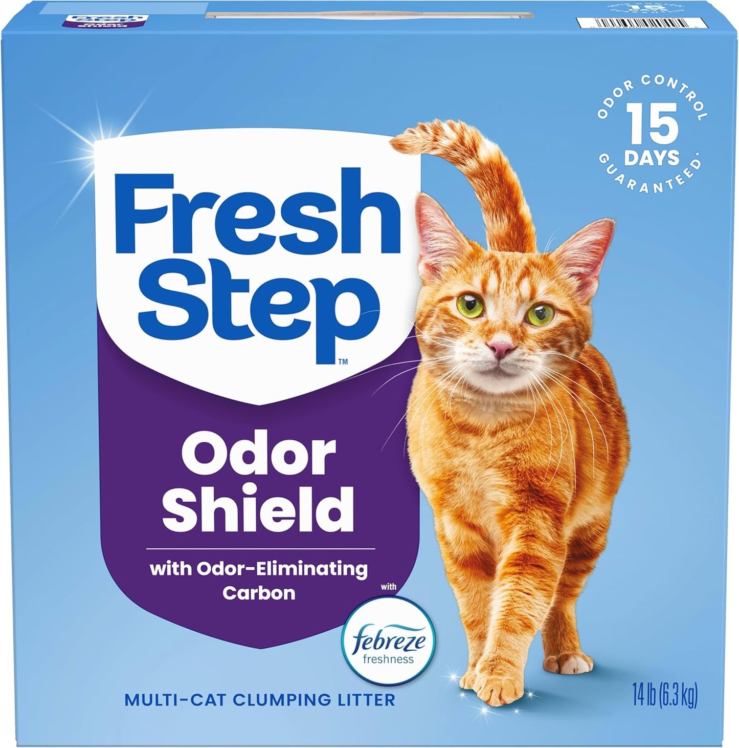 Fresh Step Odor Shield cat litter box with a cat on a blue background