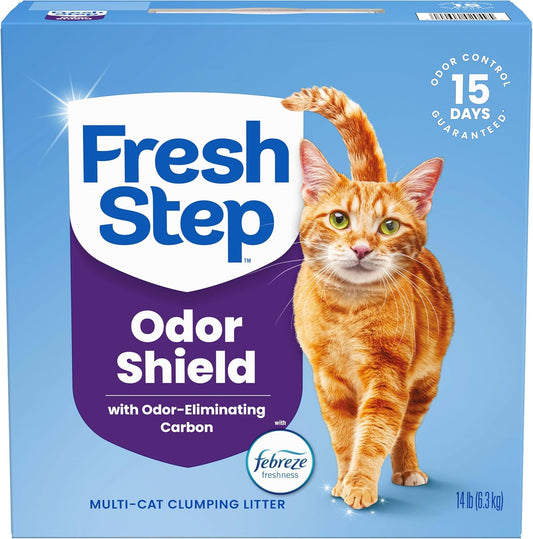 Fresh Step Odor Shield cat litter box with a cat on a blue background