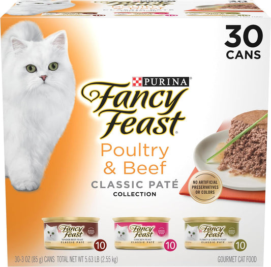 Purina Fancy Feast Poultry & Beef Classic Pâté, 30 × 3 oz cans in a white and orange box featuring a white cat
