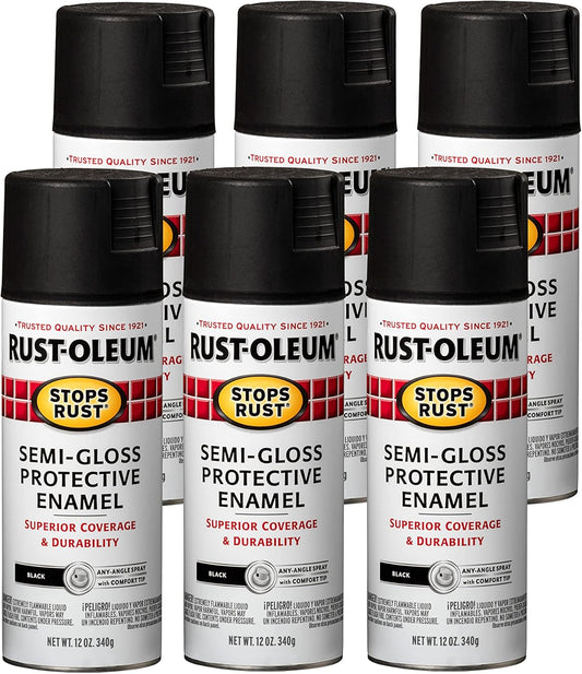 Six Rust-Oleum Stops Rust semi-gloss black spray paint cans with black caps and 12 oz protective enamel labels
