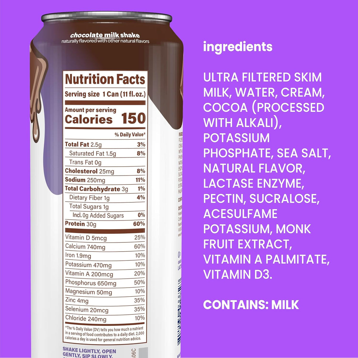 A close-up of a chocolate milk shaka can showing the back label with nutrition facts and milk content warning, next to a purple panel listing ingredients including skim milk, water, cream, and cocoa.