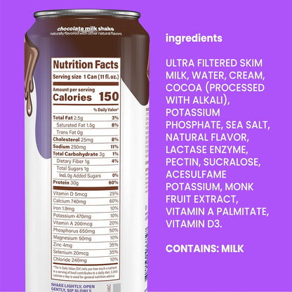 A close-up of a chocolate milk shaka can showing the back label with nutrition facts and milk content warning, next to a purple panel listing ingredients including skim milk, water, cream, and cocoa.