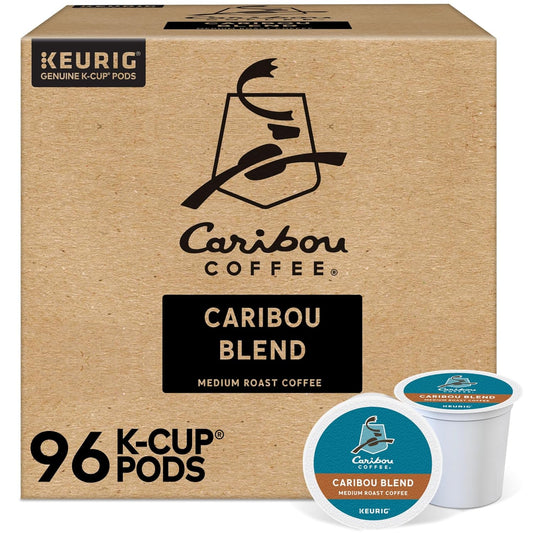 “Caribou Coffee Caribou Blend medium roast, 96-count Keurig K-Cup pod box with two coffee pods in front.”