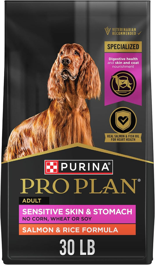 Purina Pro Plan Sensitive Skin & Stomach Salmon & Rice dry dog food, 30 lb black bag featuring an Irish setter