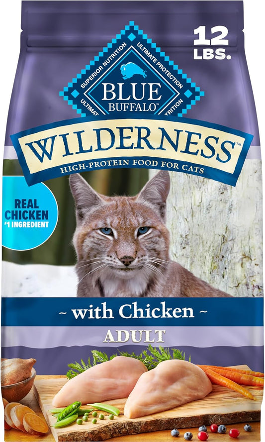 Blue Buffalo Wilderness Chicken adult dry cat food, 12 lb purple bag featuring a lynx and chicken ingredients