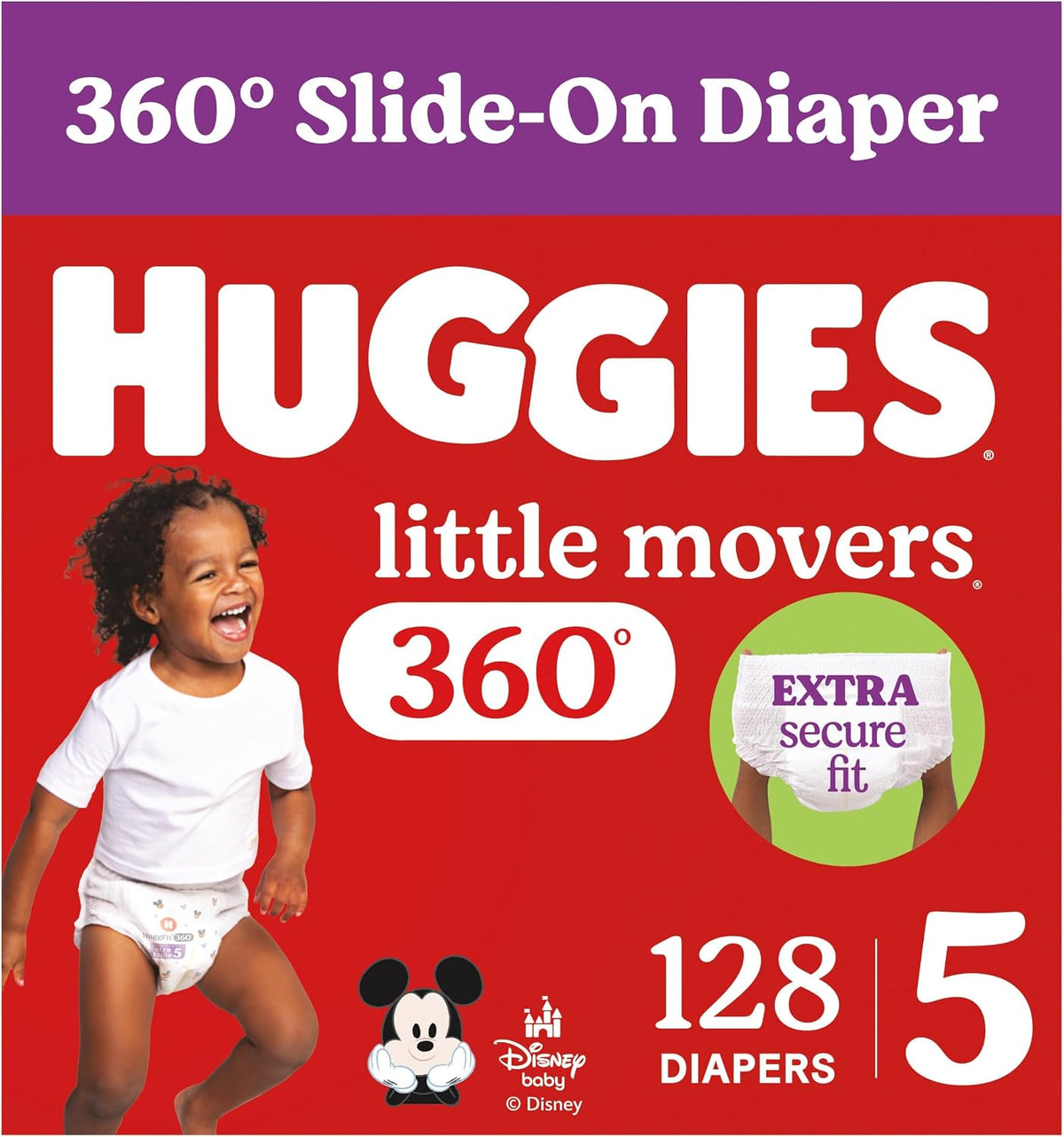 Huggies Little Movers HuggFit 360 Size 5 diapers, 128 count in two packs of 64