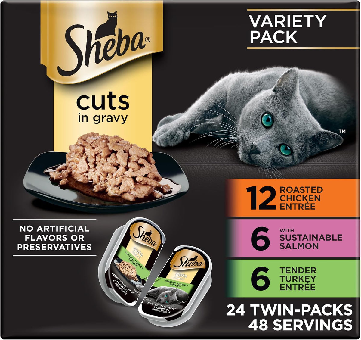 Sheba Cuts in Gravy chicken, salmon and turkey variety pack, 24 twin packs in a black and gold box featuring a gray cat⠋
