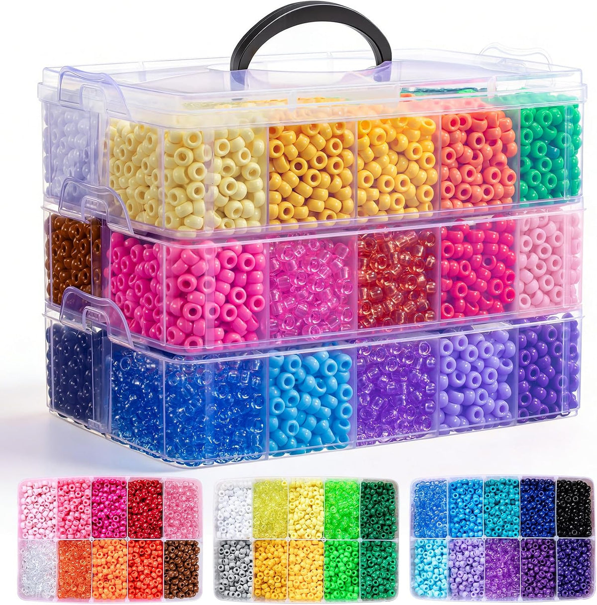 Simetufy colorful pony beads in a clear three-tier stackable organizer with a black carry handle