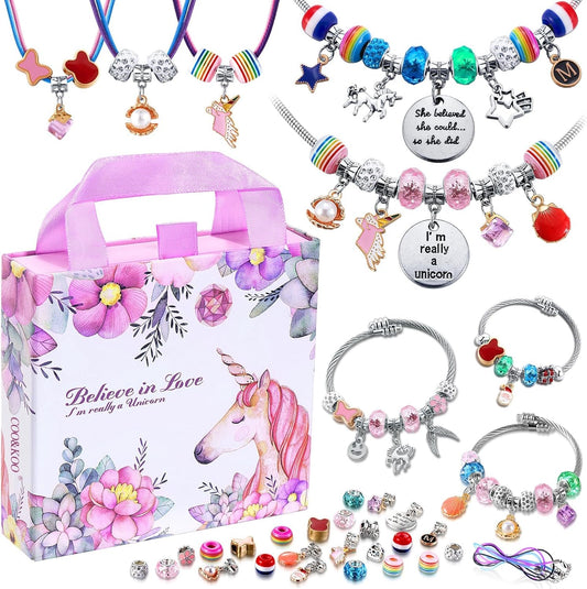 COO&KOO unicorn charm bracelet making kit with colorful beads, bracelet examples and a floral handled gift box