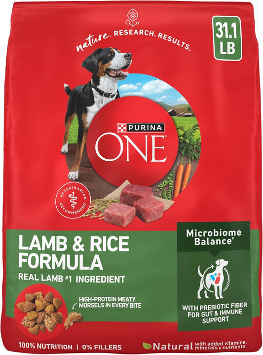Purina ONE Lamb & Rice Formula dry dog food, 31.1 lb red bag with a dog image and green Microbiome Balance label