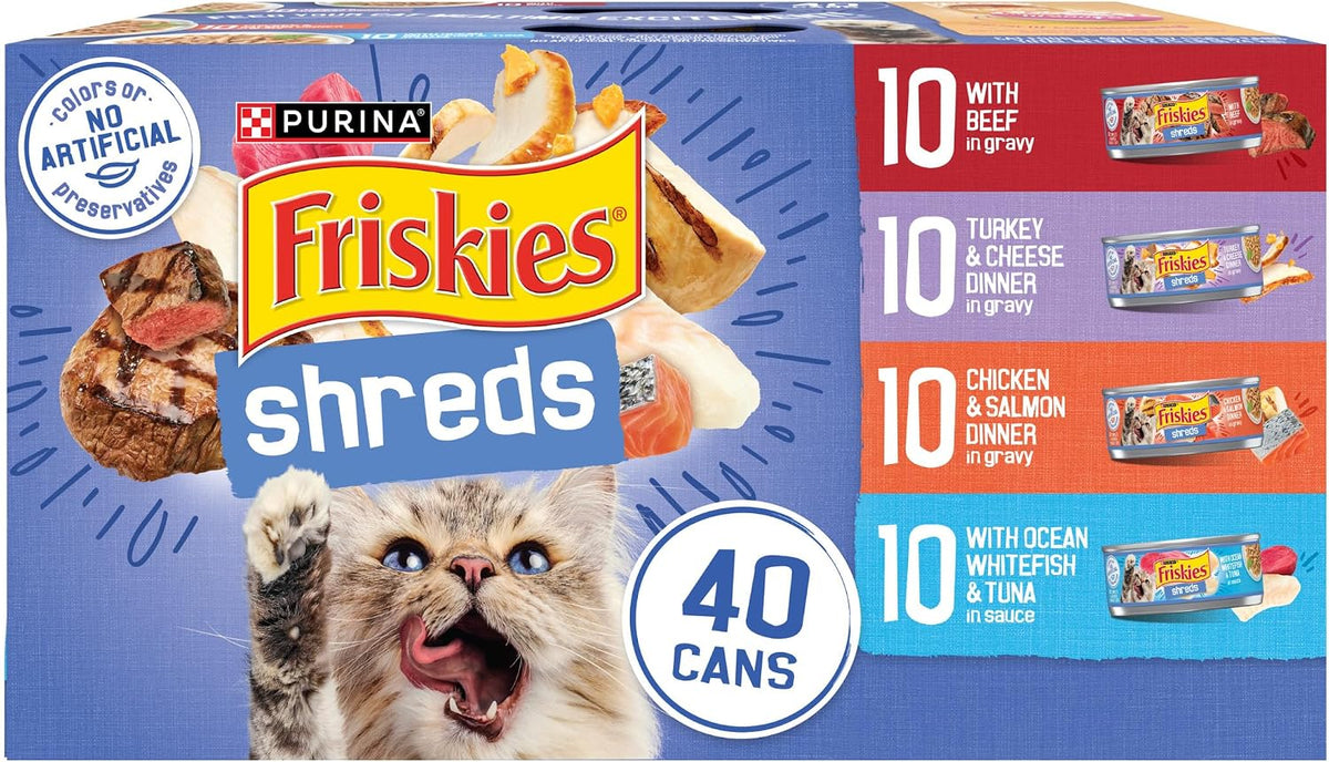 Purina Friskies Shreds wet cat food, 40-pack of 5.5 oz cans in a blue variety box featuring a cat and four recipes