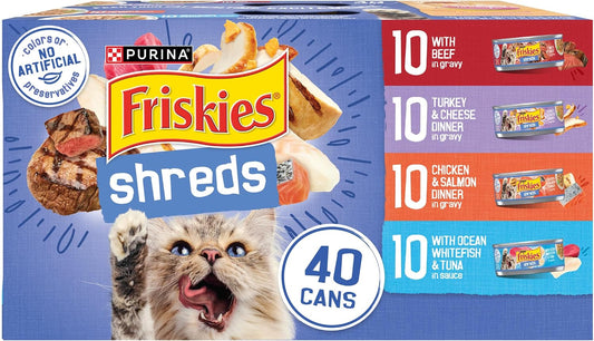 Purina Friskies Shreds wet cat food, 40-pack of 5.5 oz cans in a blue variety box featuring a cat and four recipes