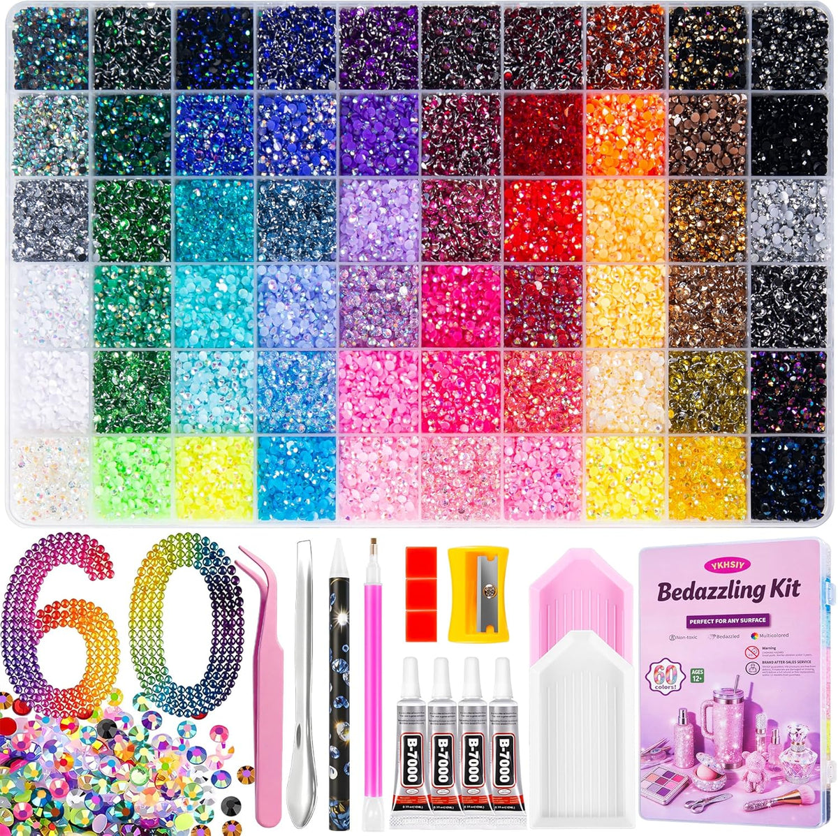 Bedazzling kit with 60-color rhinestones in a compartment organizer, four B7000 glue tubes and craft tools