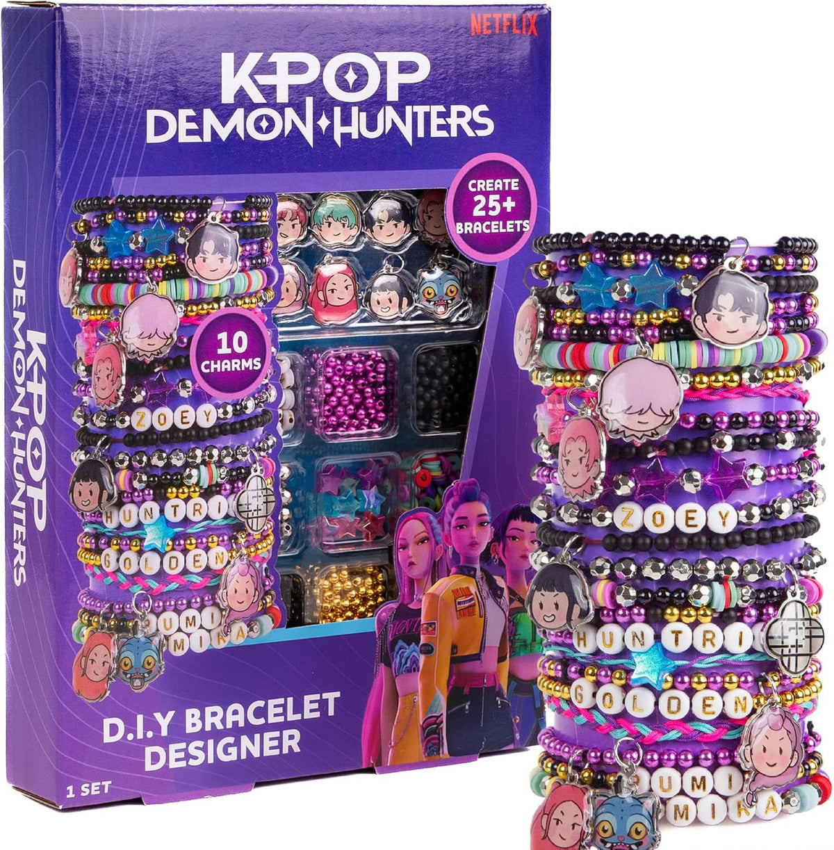KPop Demon Hunters jewelry making kit in a purple box with character charms and colorful bracelet