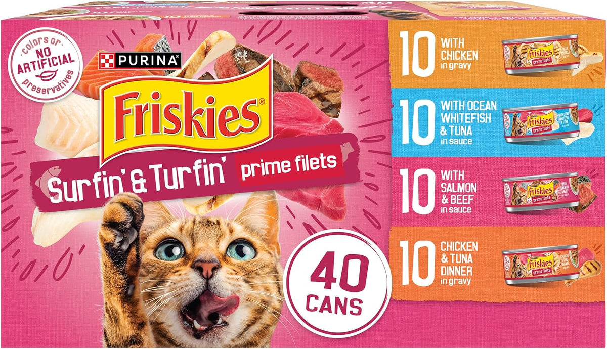 Purina Friskies Prime Filets Surfin’ & Turfin’ wet cat food, 40-can pink variety box featuring a tabby cat