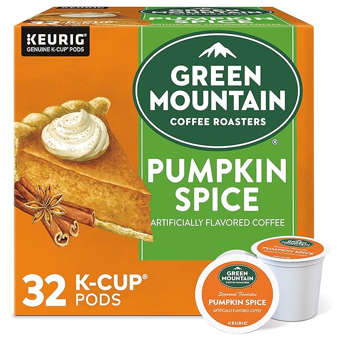 Green Mountain Pumpkin Spice coffee, orange and green 32-count K-Cup box with pie artwork and two pods