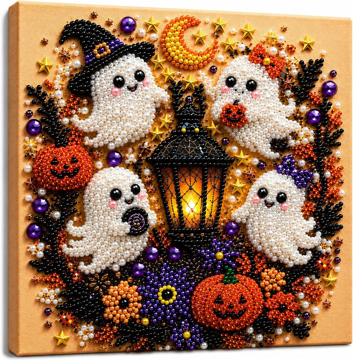 Halloween diamond and pearl-style art showing four white ghosts, orange pumpkins, gold stars and a central lantern