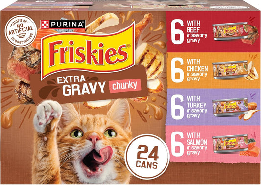 Purina Friskies Extra Gravy Chunky wet cat food, 24-can variety box featuring an orange tabby and four recipes